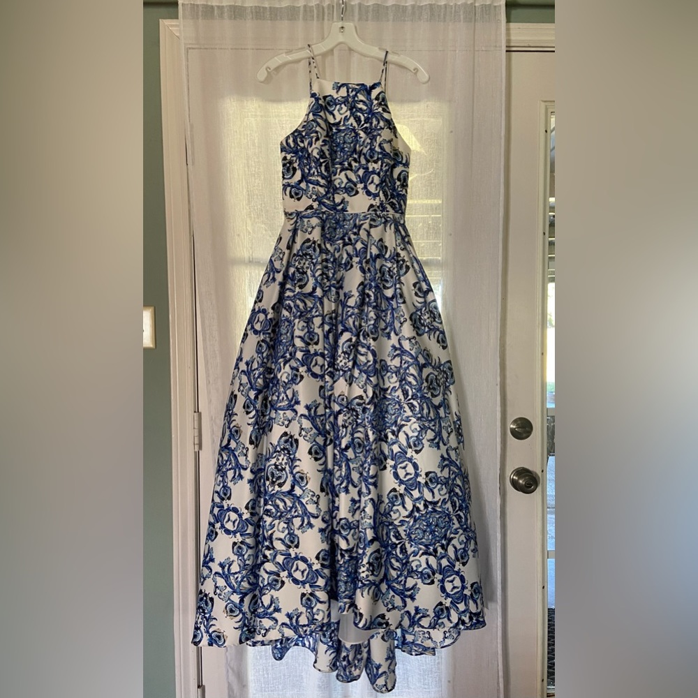 Blue and White Pattern High-Low Dress/Formal